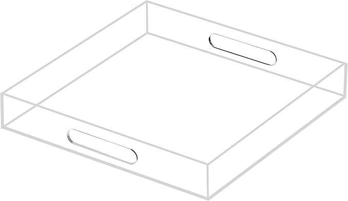 Clear Sturdy Acrylic Serving Tray with Handles 12x12x2H Inches -Spill Proof- Decorative Trays Countertop Organizer for Ottoman Coffee Table Nightstand, sidetable, Breakfast, Tea, Food
