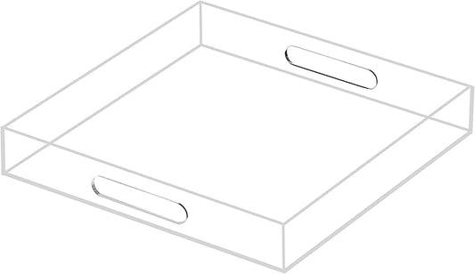 Clear Sturdy Acrylic Serving Tray with Handles 12x12x2H Inches -Spill Proof- Decorative Trays Countertop Organizer for Ottoman Coffee Table Nightstand, sidetable, Breakfast, Tea, Food