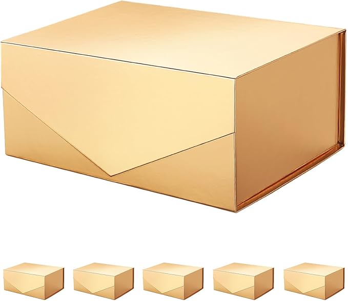 PACKHOME 6 Christmas Gift Boxes 9x6.5x3.8 Inches, Rectangle Collapsible Boxes with Magnetic Lids for Xmas Gift Packaging (Glossy Gold)