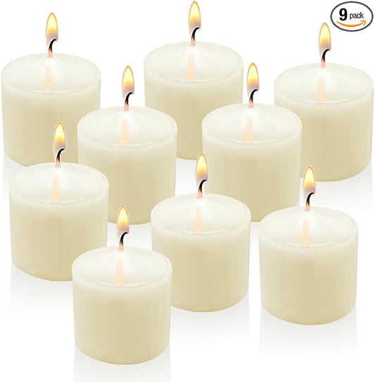 8 Hours Ivory Votive Candles, 9 Packs Unscented Small Wax Candles for Weddings Holiday Party Spa Home, 1.5" D x 1.25" H