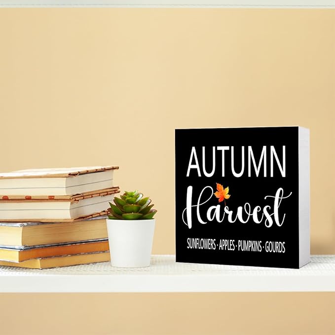 Funny Autumn Wood Box Sign Autumn Harvest Wooden Block Desk Decor for Home Office Kitchen Cubicle Table Shelf Tabletop,Farmhouse Fall Sign Decor