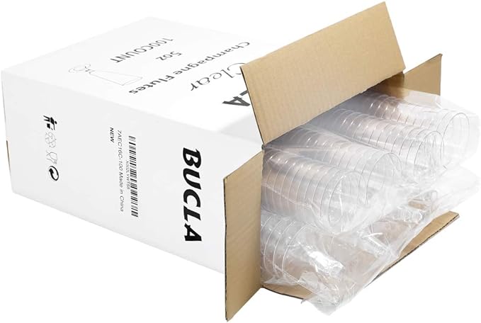BUCLA 100 Pack Clear Plastic Champagne Flutes- 5OZ Plastic Champagne Glasses- Premium Quality Clear Disposable Cups-Ideal for Parties& Weddings