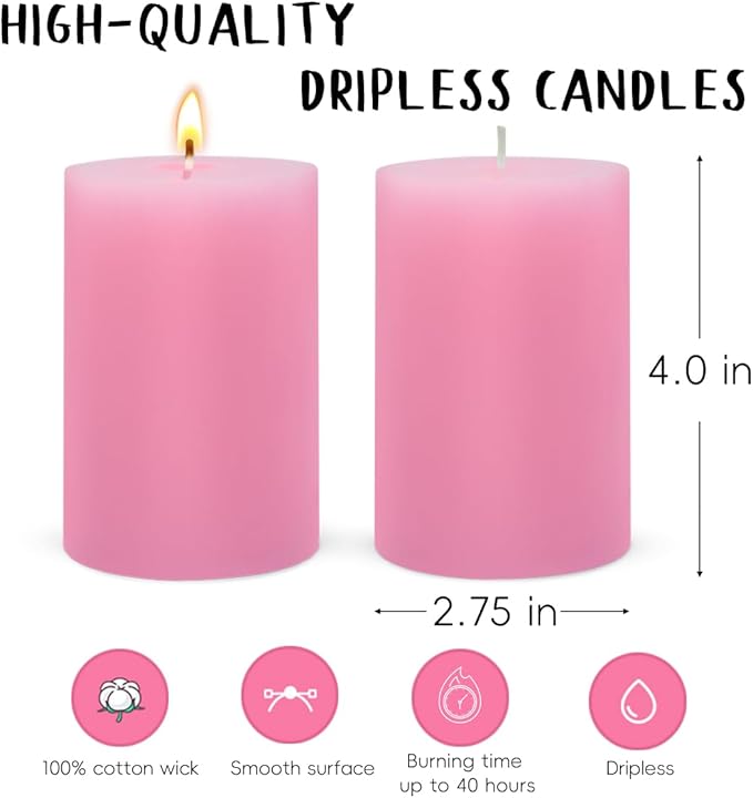 6 Packs 2.75x4 Inch Pink Pillar Candles, Unscented Dripless Cylinder Wax Candles for Home Table Holiday Party Spa Decor Emergency
