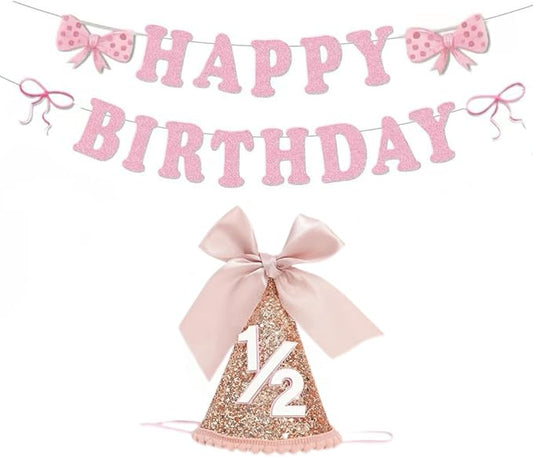 Half Birthday Hat Decorations 2 Set-Sequined Cone 1/2 Hat Happybirthday Banner for 6 Months Baby Girls Bow Birthday Party Decorations, Bow Party Deco(Rose Gold)