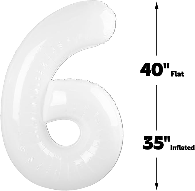 White 40 Inch Mylar Foil Number 6 Balloon, Birthday Digital Balloons for 6 16 Boy Girl Party Decorations Supplies, White Big Helium Balloon Numbers for 26 36 46 60 Men Women Anniversary