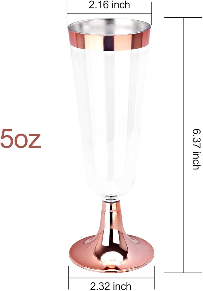 BUCALA 100 Pack Plastic Champagne Flutes - 5OZ Plastic Champagne Glasses With Rose Gold Rim - Premium Quality Disposable Cups - Ideal for Mother's Day/Parties/Weddings