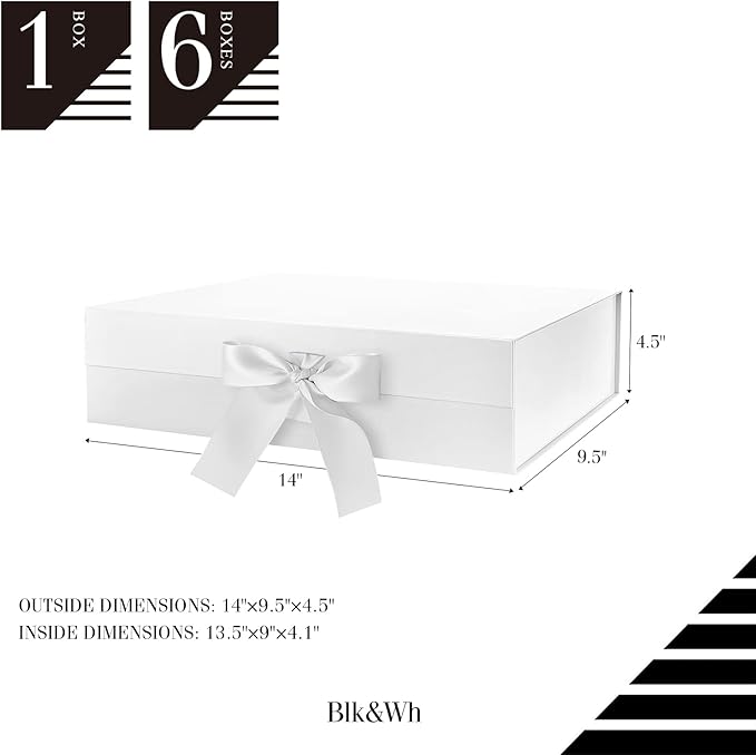BLK&WH 6 Large Gift Boxes with Ribbon 13.5x9x4.1 Inches, White Gift Boxes with Lids Large, Bridesmaid Proposal Boxes, Luxury Magnetic Boxes for presents (Glossy White)