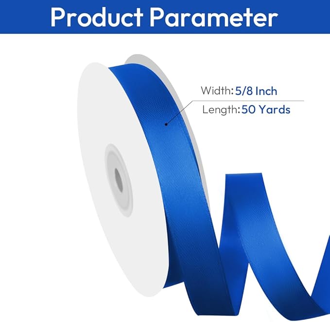 5/8" Width x 50 Yards Satin Fabric Ribbon, Royal Blue Ribbon Perfect for DIY Bows, Swags, Gift Wrapping, Craft, Flower Bouquet，Christmas and Party Decoration