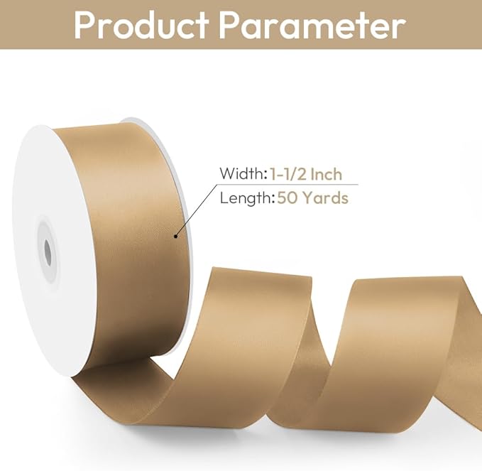 1-1/2" Width x 50 Yards Satin Fabric Ribbon, Champagne Gold Ribbon Perfect for DIY Bows, Swags, Gift Wrapping, Craft, Flower Bouquet，Christmas and Party Decoration