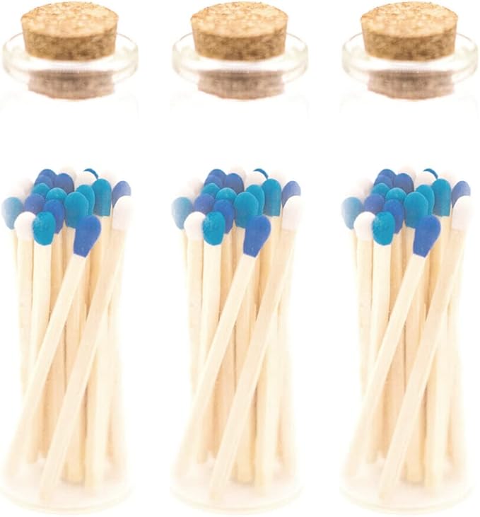 River Birch Decorative Matches in a Bottle with Striker - Cute & Colored Matches - 3 Bottles, Sky Blend Tip, 60 Matches