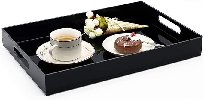 Durable Rectangular Breakfast Serving Tray - 5MM Thick Waterproof Acrylic Serving Platter with Handles for Coffee, Tea, Food - Elegant Decorative Tray (Black Tray-16''x12'')