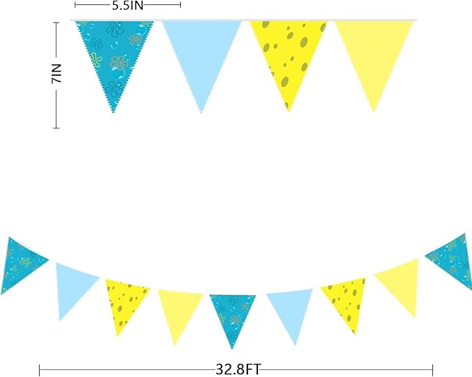 32Ft Cartoon Sponge Party Decorations Yellow Blue Flowers and Bubble Printed Triangle Flag Pennant Banner Fabric Garland Streamer for Kids Sponge Birthday Crtoon Baby Shower Party Decor