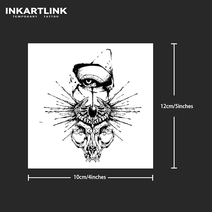 INKARTLINK Tattoo Tech, 2 Sheets Large Semi Permanent Tattoo, Adult Art Design Temporary Tattoos, Lasts 1-2 Weeks, Waterproof, Realistic Look, No Adhesive, No Reflection (Dark Skull Design)