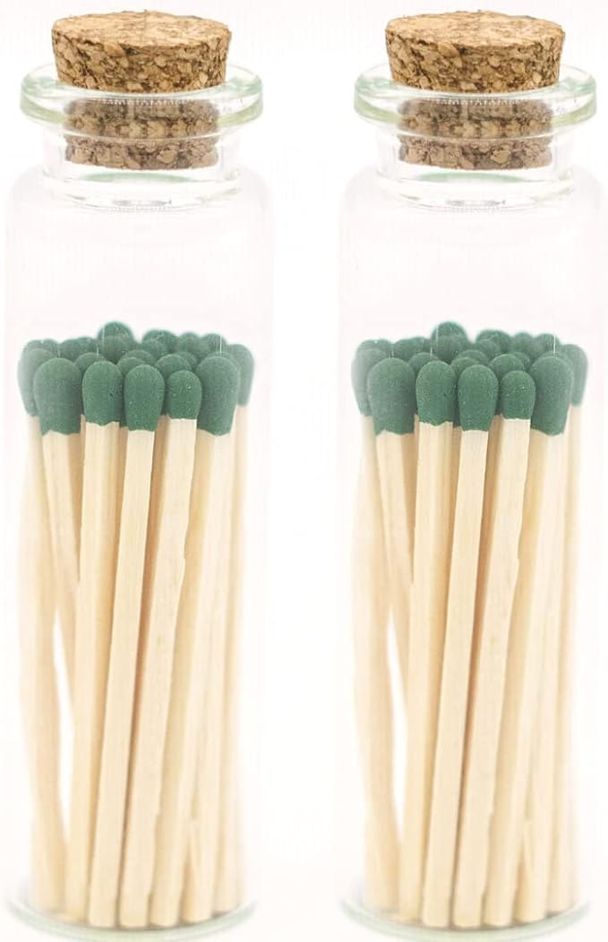 River Birch Decorative Matches in a Bottle with Striker - Cute & Colored Matches - 2 Bottles, Forest Green Tip, 40 Matches
