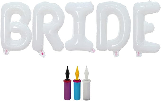 BALLOON VIBE Giant 40" White BRIDE Balloons with Hand Pump, 2 Straws & Ribbon Roll - Bride Letter Balloons for Bachelorette Party Decorations, Wedding, Engagement, Bridal Photo Booth