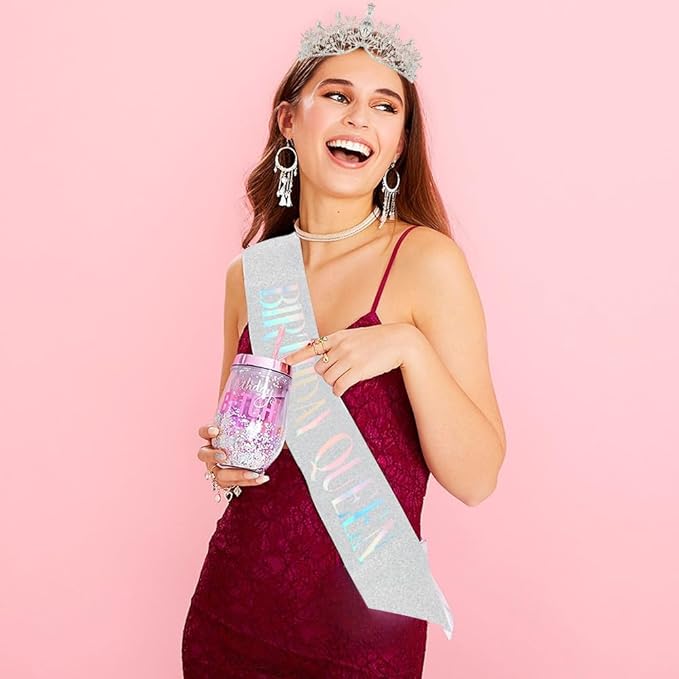 Birthday Queen Sash Headbands for Women Happy Birthday Tiara & Crowns for Girls Accessories Favor Supllies Silver, 2 Pack