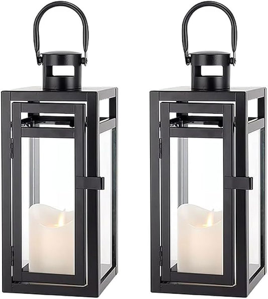 TRIROCKS Set of 2 Metal Candle Lantern 12'' High Decorative Outdoor Lantern Hanging Lantern with Tempered Glass for Christmas Home Living Room Parties Events Tabletop Indoors Outdoors(Black Matte)