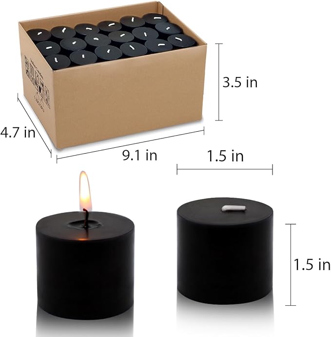 10 Hours Black Votive Candles Bulk, 36 Packs Small Unscented 1.5 Inch Diameter Wax Candles for Halloween Wedding, Party, Holiday & Home Decoration