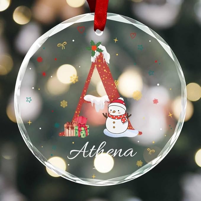 Personalized Round Christmas Crystal Glass Ornaments Custom 2025 Name Ornament for Christmas Tree Decorations Customized Xmas Tree Hanging Gifts for Family Boys Girls