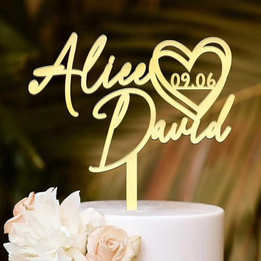 Personalized Cake Topper - Wedding Decoration, Anniversary Keepsake, Engagement Gift for Couple - Couple Name With Heart Anniversary Wedding Date