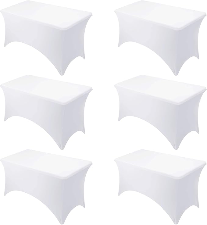 6-Pack Premium White Spandex Tablecloths for 4ft Rectangle Tables, Stain & Wrinkle-Resistant, Washable Stretch Polyester Fitted Table Cover for Weddings, Banquets, Trade Shows Events