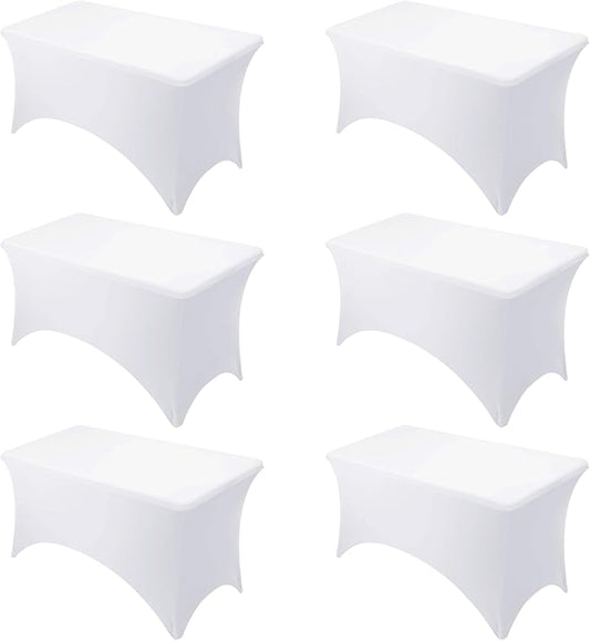 6-Pack Premium White Spandex Tablecloths for 4ft Rectangle Tables, Stain & Wrinkle-Resistant, Washable Stretch Polyester Fitted Table Cover for Weddings, Banquets, Trade Shows Events