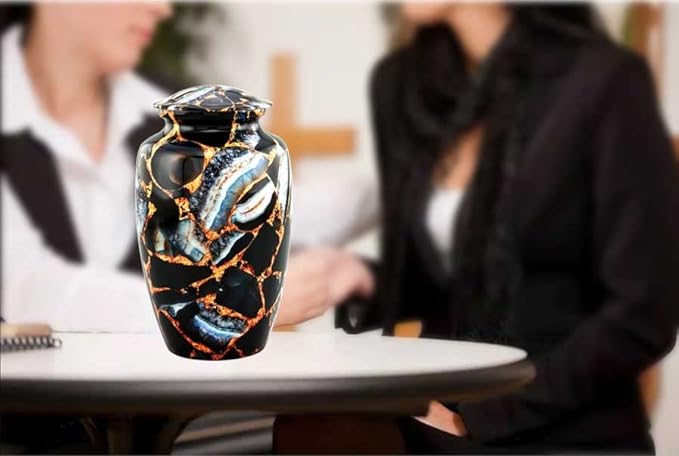 Memorial Cremation Urns for Human Ashes | Handcrafted Large Burial Marble Finish Adult Cremation Urn, Funeral Decorative Urns for Female & Male | 200 lbs with Velvet Bag (Luxury Black)