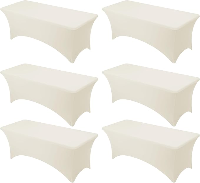 6-Pack Premium Cream Spandex Tablecloths for 8ft Rectangle Tables, Stain & Wrinkle-Resistant, Washable Stretch Polyester Fitted Table Cover for Weddings, Banquets, Trade Shows Events