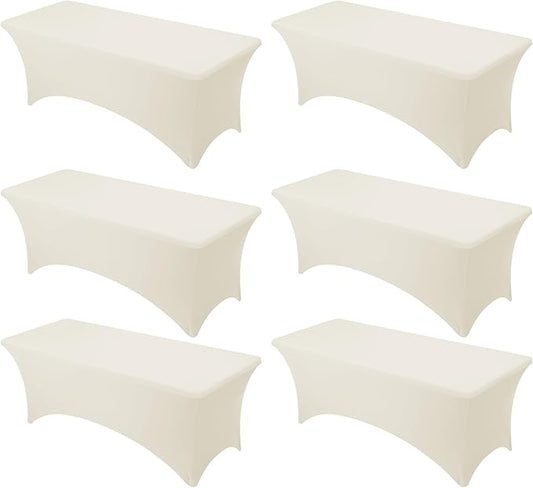 6-Pack Premium Cream Spandex Tablecloths for 8ft Rectangle Tables, Stain & Wrinkle-Resistant, Washable Stretch Polyester Fitted Table Cover for Weddings, Banquets, Trade Shows Events
