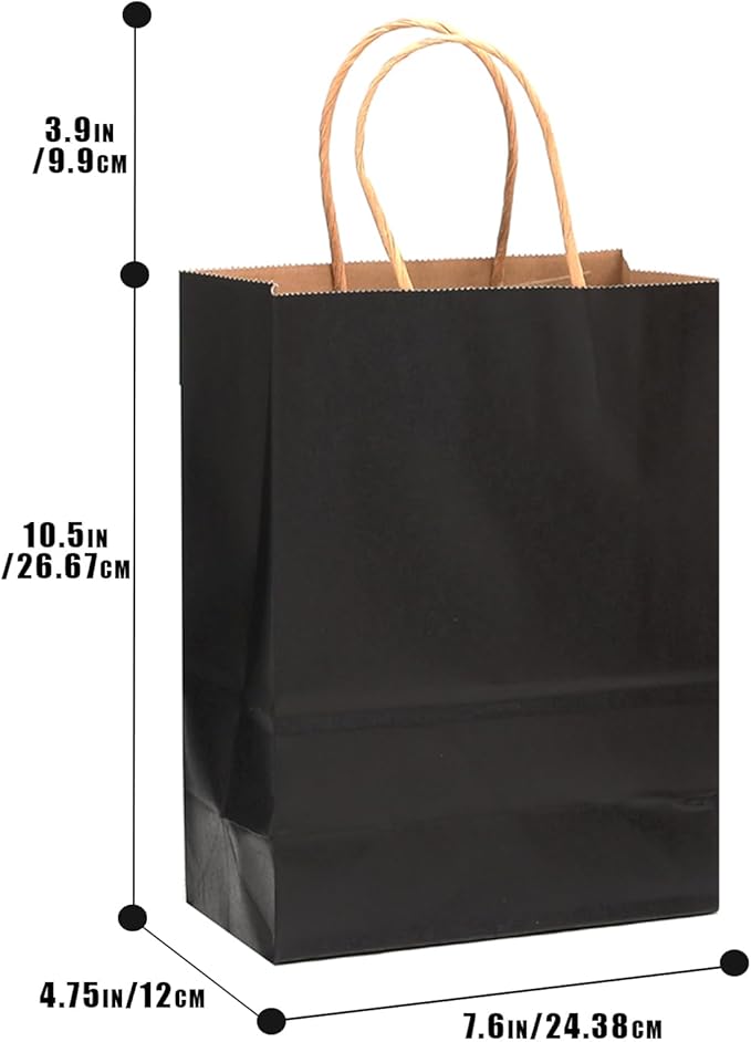 qiqee 100-Packs Black Paper Gift Bags with Handles Bulk 7.6"x4.75"x10.5" Medium Size Gift Bags Multiple Uses