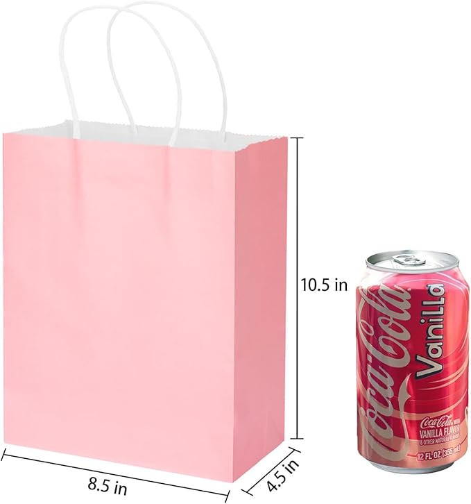 MOZRRO Gift Bags, 100 Pack 10.5x8.5x4.5 Inch, Paper Bags with Handles, Medium Size, Pink Gift Bag for Birthday, Wedding, Bulk, Party, Lunch, Goodie