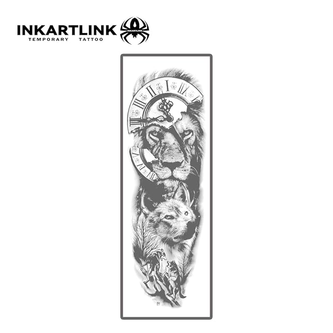 INKARTLINK Semi Permanent Tattoo, 2 Pieces Full Arm Large Size Art Party Tattoos, Comes with a Pair of Anti-Transfer Sleeves, Lasts 7-15 Days, Waterproof and Anti-Reflective (Lion, Wolf, Clock)