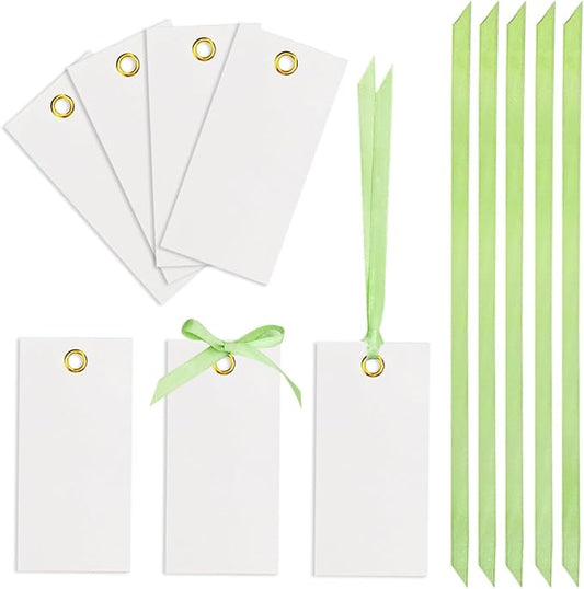 25 Pcs Name Place Cards Blank Seat Card, 2 x 4 in Table Cards with Stain Ribbon, Wedding Place Card, Hanging Tags for Wedding table Setting Reserved Chairs Signs Dinner Banquet Parties.(Sage Green)