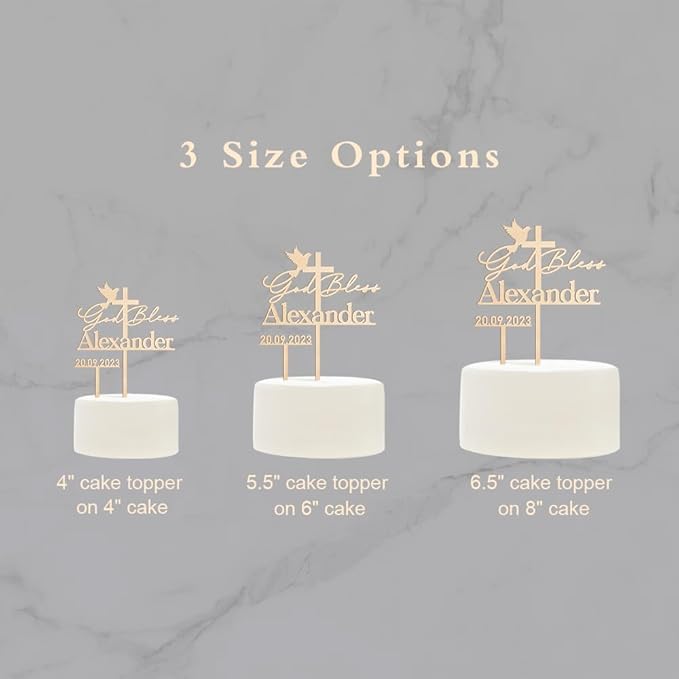 Personalized Baptism Cake Topper in Wood Custom Name God Bless Cake Topper Decoration (Design 03)