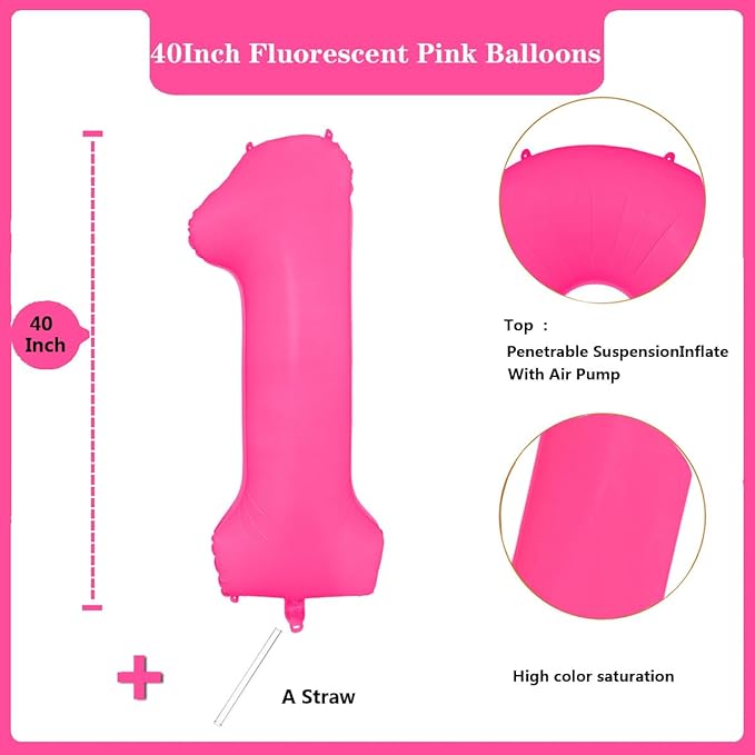 Fluorescent Rose Red Number Balloon 40 inch Giant Foil Helium Balloons Pink Number 1 Balloon for 1st Birthday Party Decorations