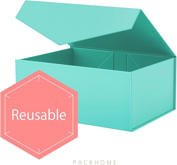 PACKHOME Gift Box 9x6.5x3.8 Inches, Rectangle Collapsible Box with Magnetic Lid for Gift Packaging (Matte Turquoise, Grain Texture)