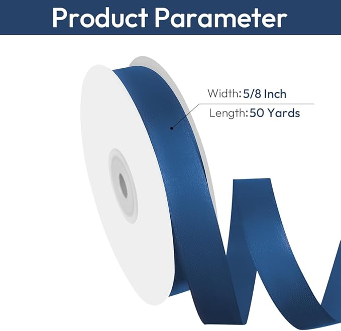 5/8" Width x 50 Yards Satin Fabric Ribbon, Navy Blue Ribbon Perfect for DIY Bows, Swags, Gift Wrapping, Craft, Flower Bouquet，Christmas and Party Decoration