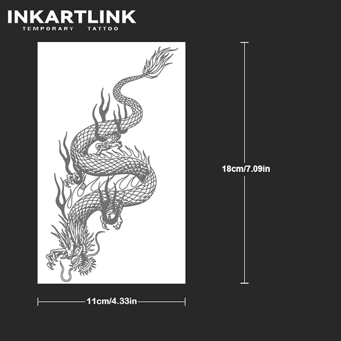 INKARTLINK Tattoo Tech, 2 Sheets Large Semi Permanent Tattoo, Adult Art Design Temporary Tattoos, Lasts 1-2 Weeks, Waterproof, Realistic Look, No Reflection (Dragon)