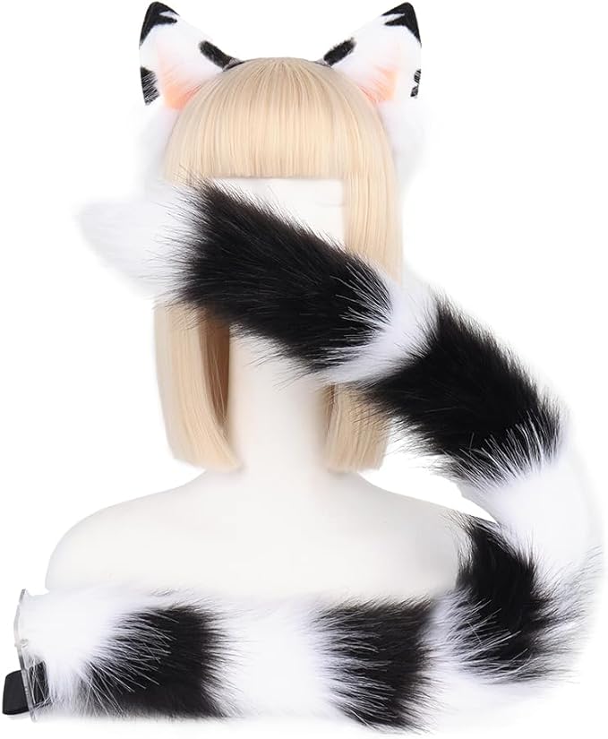 QinRuan Animal Cosplay Costume Accessories Furry Faux Fur Cat Ears Headband and Fox Tail Set Halloween Accessory
