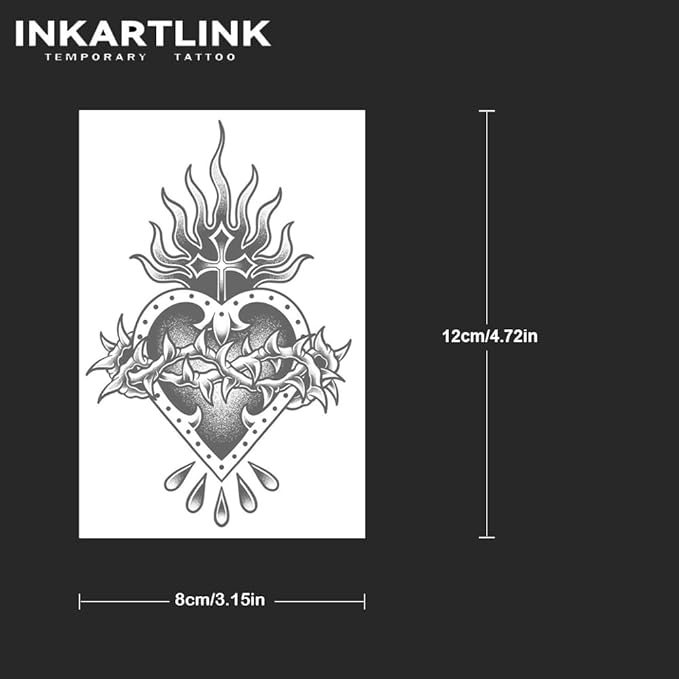 INKARTLINK Tattoo Tech, 2 Sheets Medium Semi Permanent Tattoo, Adult Art Design Temporary Tattoos, Lasts 1-2 Weeks, Waterproof, Realistic Look, No Reflection (Thorned Sacred Heart)