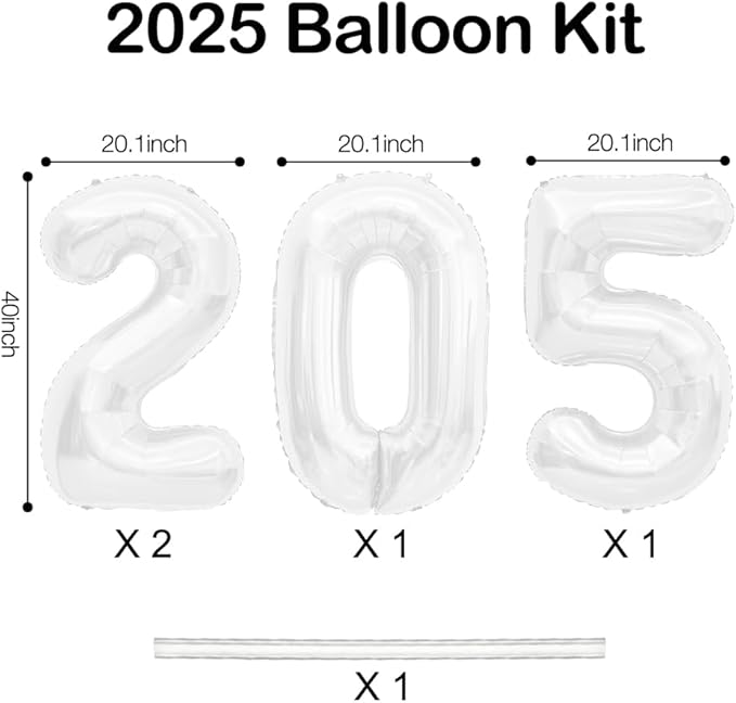 2025 Balloons, 40 Inch 2025 Number Balloons, 2025 White Balloons, Large Foil Happy New Year Balloons for New Year Eve Party Supplies 2025, New Years Decorations 2025, Christmas, Wedding, Halloween