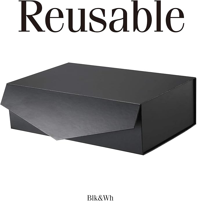 BLK&WH Large Gift Box 13.5x9x4.1 Inches, Black Collapsible Groomsman Gift Box with Magnetic Lid (Matte Black)