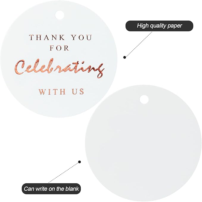 G2PLUS Thank You for Celebrating with Us Tags, 2.2 in Round Thank You Tag, White Paper Rose Gold Foil Gift Tags with String for Wedding, Party Favors