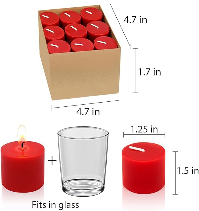 9 Packs Red Votive Candles, Small Unscented 1.5 Inch Wide by 1.25 Inch Tall Wax Burgundy Colored Candles for Christmas Wedding, Party, Table, Holiday & Home Decoration - 8 Hours Burn Time