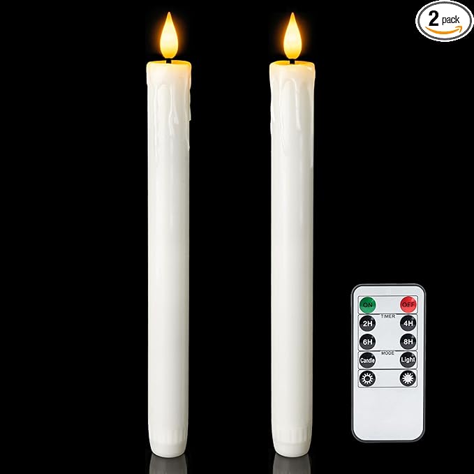 Homemory Real Wax Flameless Taper Candles with Remote Timer, 9.6 Inches White LED Flameless Candlesticks, Dripless Battery Operated Window Candles Flickering Pack of 2 for Fireplace Xmas Halloween
