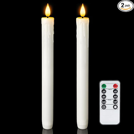 Homemory Real Wax Flameless Taper Candles with Remote Timer, 9.6 Inches White LED Flameless Candlesticks, Dripless Battery Operated Window Candles Flickering Pack of 2 for Fireplace Xmas Halloween