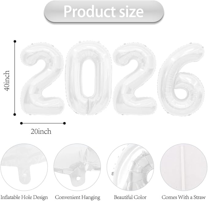 2026 Balloons Number Balloons 2026 Balloon Numbers, 40 Inch Foil Number Balloon for New Year Eve Festival Christmas Birthday Wedding Anniversary Party Supplies, New Years Decorations White