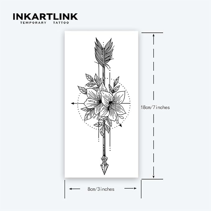INKARTLINK Tattoo Tech, 2 Sheets Large Semi Permanent Tattoo, Adult Art Design Temporary Tattoos, Lasts 1-2 Weeks, Waterproof, Realistic Look, No Adhesive, No Reflection (Flower and Arrow Design)