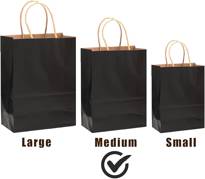 qiqee 100-Packs Black Paper Gift Bags with Handles Bulk 7.6"x4.75"x10.5" Medium Size Gift Bags Multiple Uses
