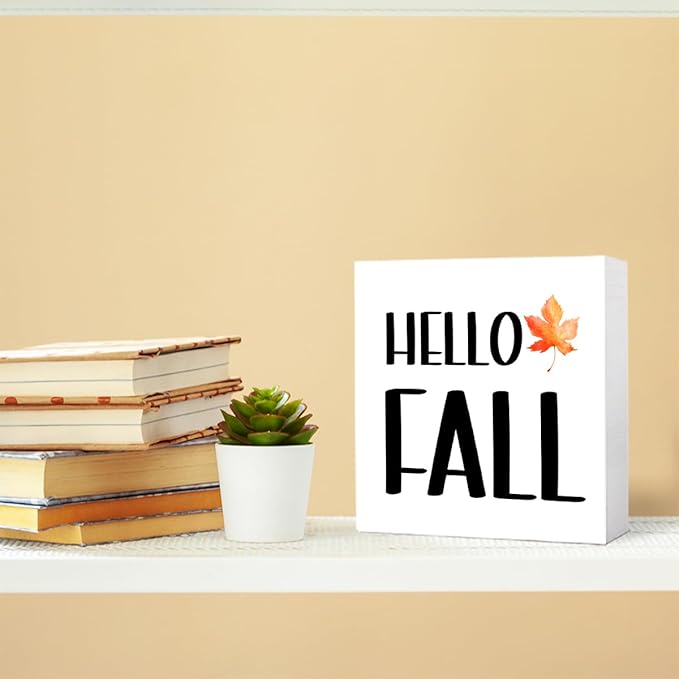 Funny Autumn Wood Box Sign Hello Fall Wooden Block Desk Decor for Home Office Kitchen Cubicle Table Shelf Tabletop,Farmhouse Fall Sign Decor